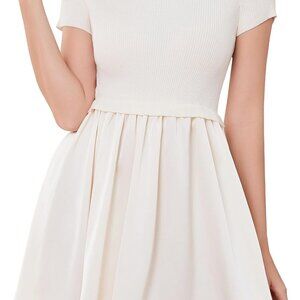 Women Cotton Blend Patchwork Sweater Dress Short Sleeve Slim Fit Mini